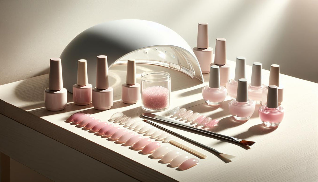 Flatlay mit pinken Gel-Polish-Tiegeln, abgestuften Nageltips und UV-Lampe auf hellem Birkenholz – pinker Nagellack als zarter Akzent, Spatel, Nagelöl, dezente Blütenblätter.
