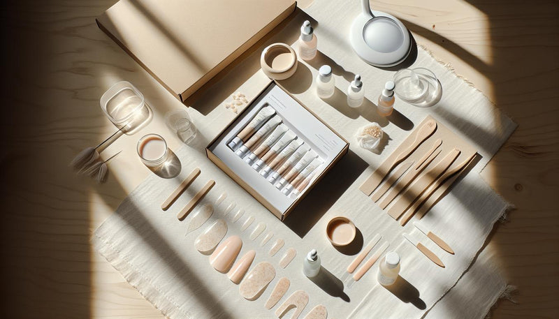 Flatlay einer minimalistischen Maniküre-Arbeitsfläche mit Polygel-Tuben, Dehydrator, säurefreiem Primer, Base-/Top-Coat, LED-Lampe und Nageltips auf hellem Holz – polygel haltbarkeit