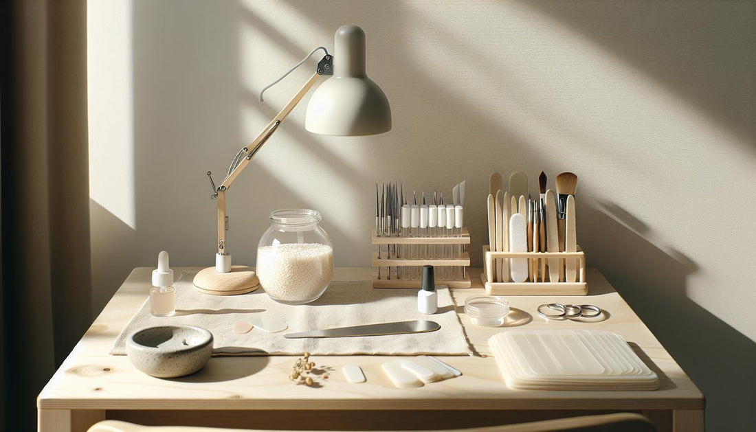 Nahaufnahme eines aufgeräumten Maniküre-Arbeitsplatzes mit Polygel-Glas, UV-LED-Lampe, Schablonen, vorgeformten Tips, Feilen und Cotton-Pads auf hellem Birkenholz – polygel nägel