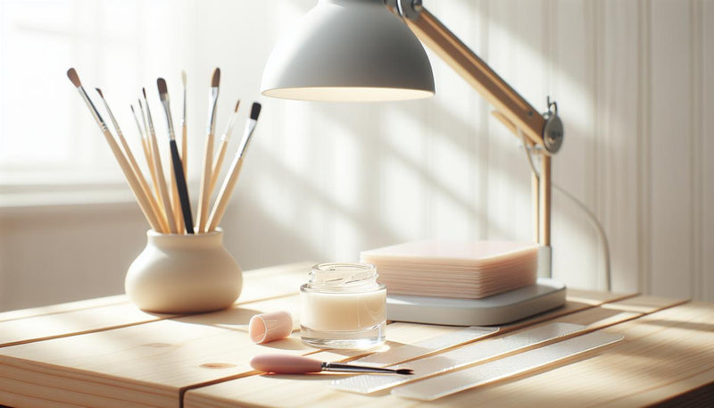 Nahaufnahme einer minimalistischen Nagelarbeitsstation mit geöffnetem Polygel-Tiegel, UV/LED-Lampe, Feile und Pinsel auf hellem Holz, polygel nägel