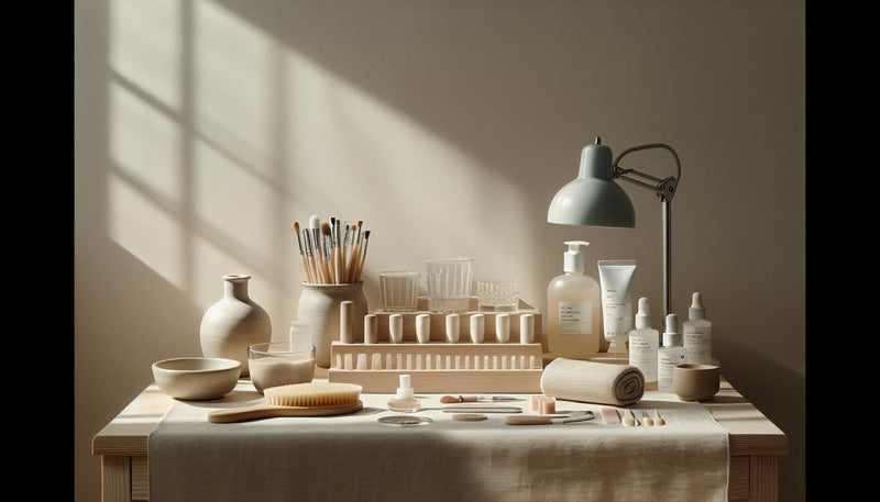 Minimalistische Manikürear­beitsstation mit Polygel-Tuben, UV/LED-Lampe, Buffer, Dehydrator und aufgerolltem Handtuch auf hellem Holz – polygel nägel