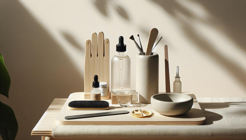 Minimalistisches Maniküretisch mit Feilen, Buffer, Cuticle Oil, Alufolie und Acetonflasche auf hellem Holz, dezenter pinker Akzent, keramische Nagelablage, polygel nägel.