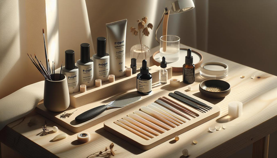 Nahaufnahme einer ordentlichen Nail-Workstation mit Polygel-Tuben, Applikator, Slip-Lösung, LED-Lampe und Feilen auf hellem Birkenholz – polygel nägel