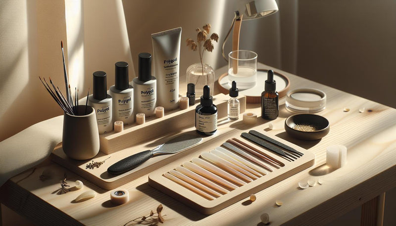 Nahaufnahme einer ordentlichen Nail-Workstation mit Polygel-Tuben, Applikator, Slip-Lösung, LED-Lampe und Feilen auf hellem Birkenholz – polygel nägel