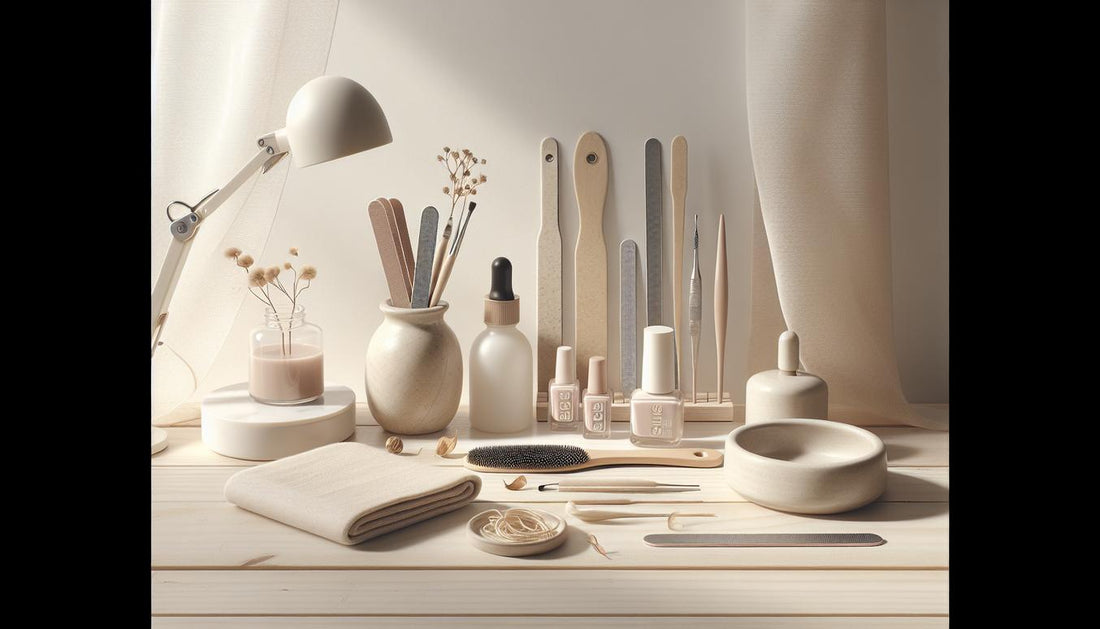 Minimalistische Nahaufnahme eines Polygel-Workstations auf hellem Birkenholz mit Polygel-Tuben, Feilen, Slip-Solution-Fläschchen, LED-Lampe und dezentem rosa Akzent