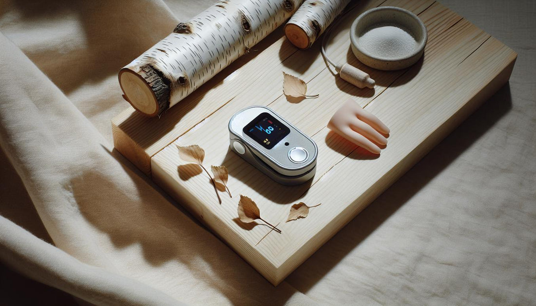 Nahaufnahme eines Pulsoximeters auf hellem Holz mit dezentem blauem Reflex, der Zyanose andeutet; minimalistische NailX-Ästhetik mit pinkem Akzent.