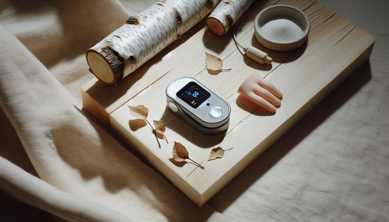 Nahaufnahme eines Pulsoximeters auf hellem Holz mit dezentem blauem Reflex, der Zyanose andeutet; minimalistische NailX-Ästhetik mit pinkem Akzent.