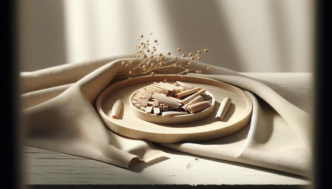 Zwei Sets vorgefertigter Nageltips auf hellem Birkenholz: links quadratische nägel, rechts Ballerina/Coffin, Fokus auf Textur, Kanten und dezente Pink-Akzente.