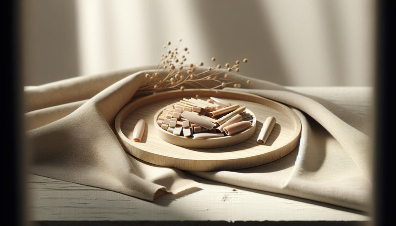 Zwei Sets vorgefertigter Nageltips auf hellem Birkenholz: links quadratische nägel, rechts Ballerina/Coffin, Fokus auf Textur, Kanten und dezente Pink-Akzente.