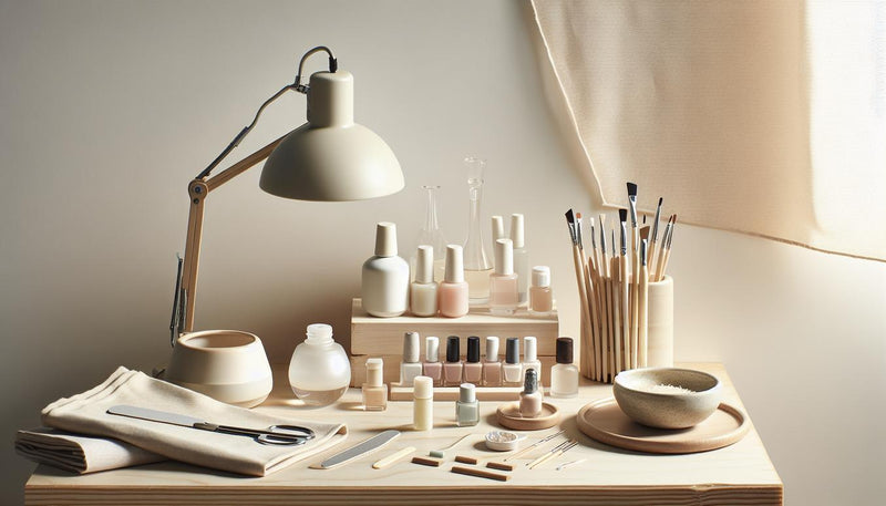 Nahaufnahme eines aufgeräumten Nageldesign-Arbeitsplatzes mit Lampe, Fläschchen, Pinseln, Feile und Übungstip – visuelle Darstellung zur reihenfolge gel auftragen