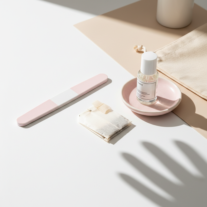 Minimalistische Nahaufnahme mit Nagelölflasche, feiner Nagelfeile und Teebeutelpapier in Pastellweiß und soft pink – Riss im Nagel reparieren