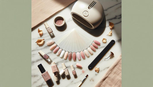 Nahaufnahme von Rosa French Gelnägel Farbmustern (Swatches) auf heller Marmoroberfläche, LED‑Trockner, Pinsel, Glitzerpartikel und zwei offene Gel‑Fläschchen.