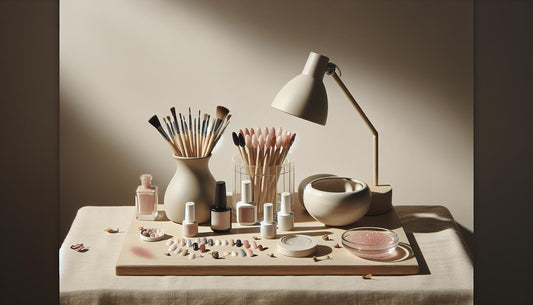 Offenes Starter‑Set mit geordneten Fläschchen, LED‑Lampe und Nail‑Tip‑Display mit verschiedenen rosa Gellack‑Nuancen auf hellem Leinenhintergrund, minimalistisch und hell.