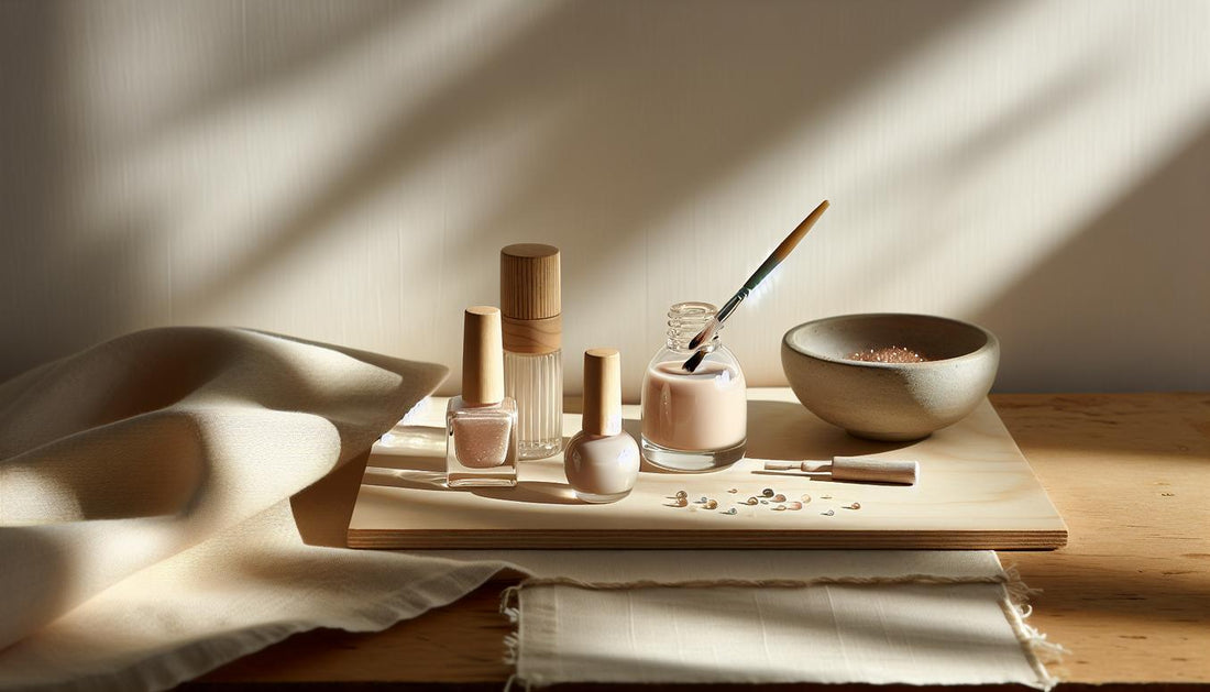 Nahaufnahme eines minimalistischen Moodboards mit rosé- und nude-Nagellackfläschchen, feinen Metallic-Linien, Nail‑Art‑Flakes und geöffnetem Top Coat auf hellem Holz — rosa gelnägel