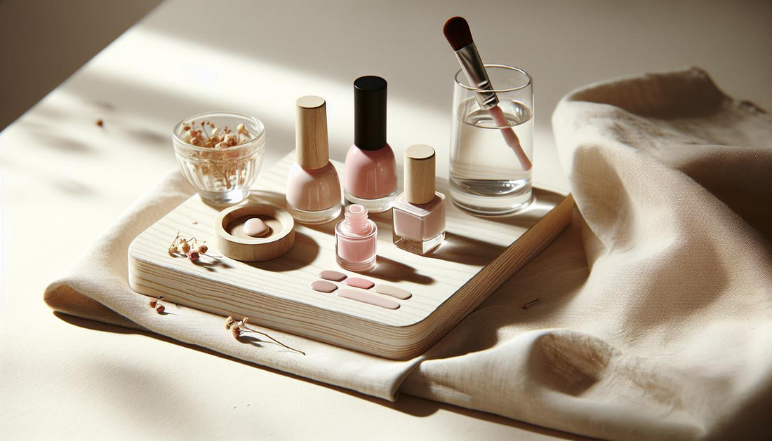 Nahaufnahme einer aufgeräumten Beauty-Fläche mit rosa Gelnägel-Fläschchen, Swatches auf Karte, Nagellackpinsel und kleinem Glas mit Rosenblättern auf hellem Birkenholz.