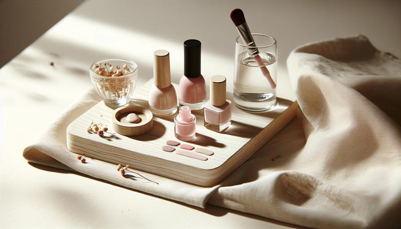 Nahaufnahme einer aufgeräumten Beauty-Fläche mit rosa Gelnägel-Fläschchen, Swatches auf Karte, Nagellackpinsel und kleinem Glas mit Rosenblättern auf hellem Birkenholz.