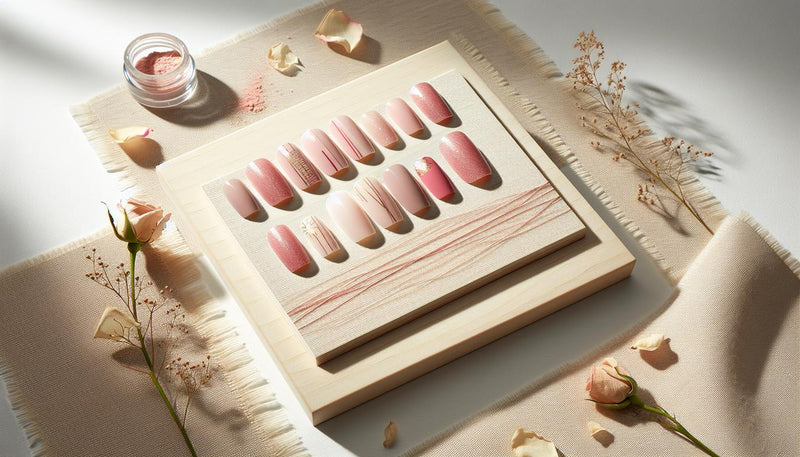 Rosa Gelnägel: Reihe von Press-On-Nagelspitzen in Pastell, Dusty Rose und Hot Pink mit feinen Roségold-Linien und einem Akzent mit Gold-Foil auf hellem Leinen.