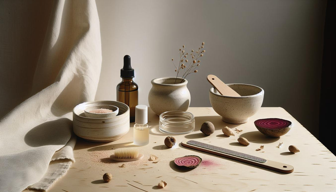 Minimalistisches Maniküre-Setup auf hellem Birkenholz mit Nagelöl, Olivenöl, feiner Feile, Zuckerpeeling-Schälchen und offenem Glas mit Rote‑Bete-Stückchen — rosa Nägel natürlich