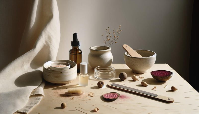 Minimalistisches Maniküre-Setup auf hellem Birkenholz mit Nagelöl, Olivenöl, feiner Feile, Zuckerpeeling-Schälchen und offenem Glas mit Rote‑Bete-Stückchen — rosa Nägel natürlich