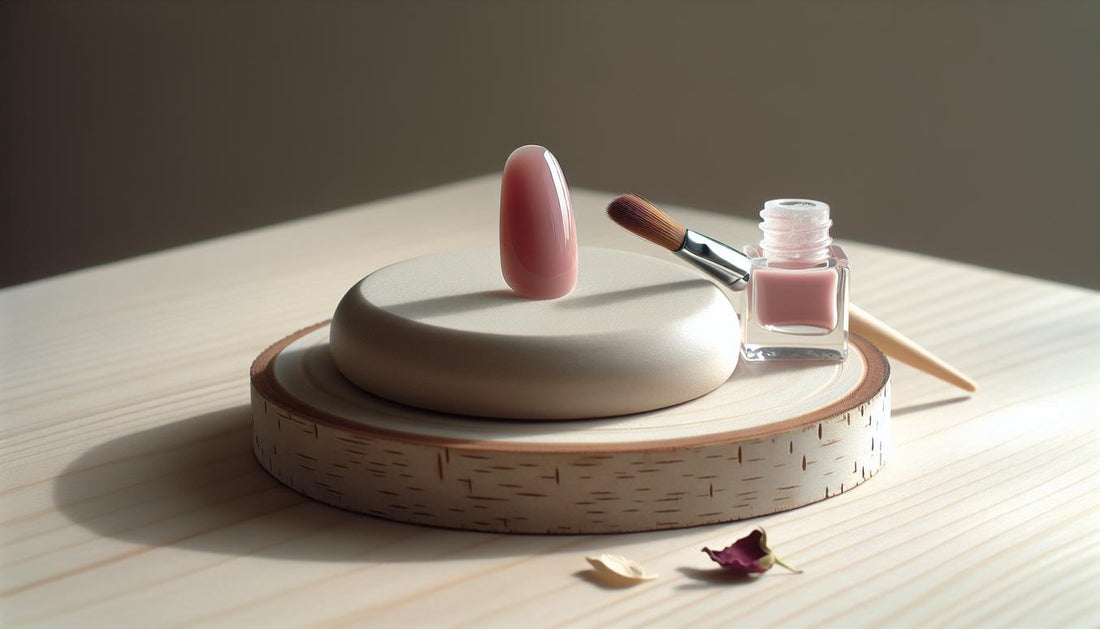 Nahaufnahme eines handgefertigten Press-on-Nagels mit zartem rosa Nagelbett auf hellem Birkentisch, Keramikscheibe, offener Glastiegel und feine Pinselhaare.