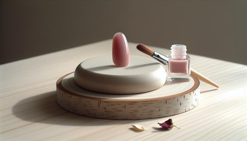 Nahaufnahme eines handgefertigten Press-on-Nagels mit zartem rosa Nagelbett auf hellem Birkentisch, Keramikscheibe, offener Glastiegel und feine Pinselhaare.