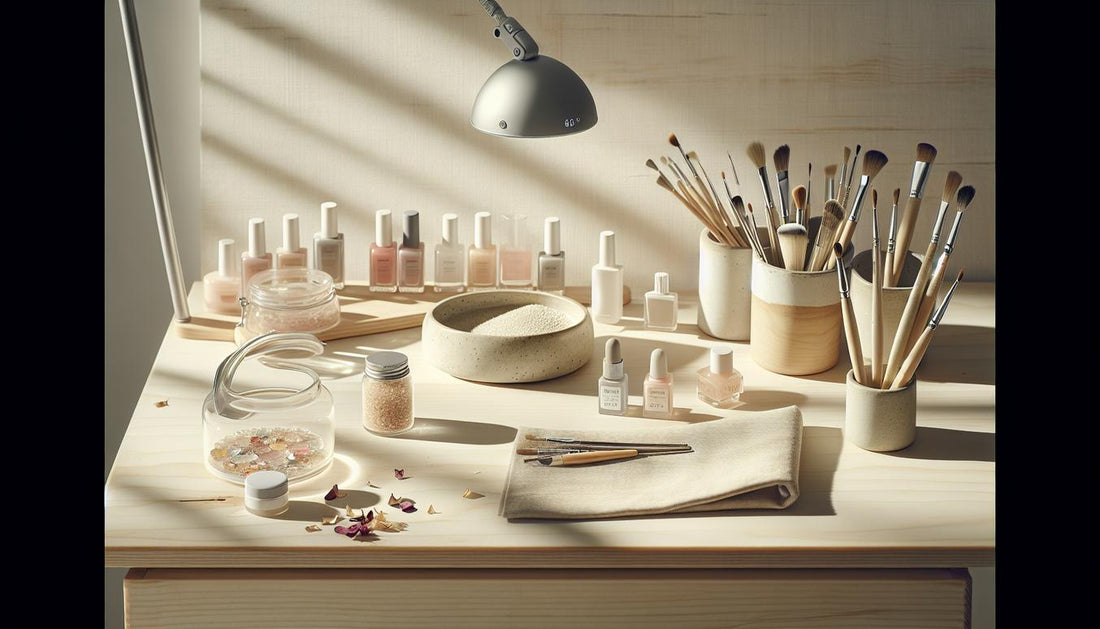 Nahaufnahme eines minimalistischen Maniküre‑Arbeitsplatzes auf hellem Birkenholz mit UV/LED‑Lampe, offenen Natur‑Rosé‑Gels, feinen Pinseln, Leinenhandtuch und Glas mit Rosenblättern – rosa nagellack bedeutung
