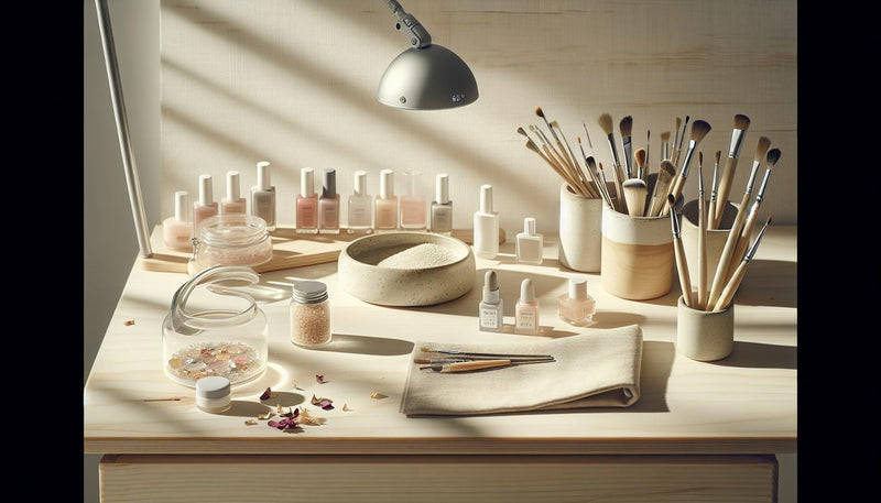 Nahaufnahme eines minimalistischen Maniküre‑Arbeitsplatzes auf hellem Birkenholz mit UV/LED‑Lampe, offenen Natur‑Rosé‑Gels, feinen Pinseln, Leinenhandtuch und Glas mit Rosenblättern – rosa nagellack bedeutung