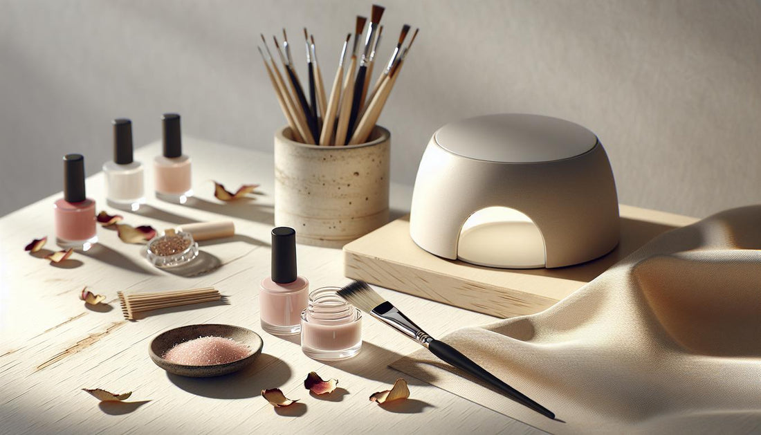 Nahaufnahme einer minimalistischen Nagelarbeitsfläche mit Rosé‑Gelproben, UV‑Lampe und feinem Pinsel auf hellem Holz in ruhiger Morgenstimmung – rosa nagellack bedeutung