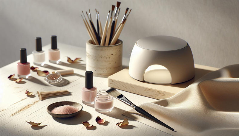 Nahaufnahme einer minimalistischen Nagelarbeitsfläche mit Rosé‑Gelproben, UV‑Lampe und feinem Pinsel auf hellem Holz in ruhiger Morgenstimmung – rosa nagellack bedeutung