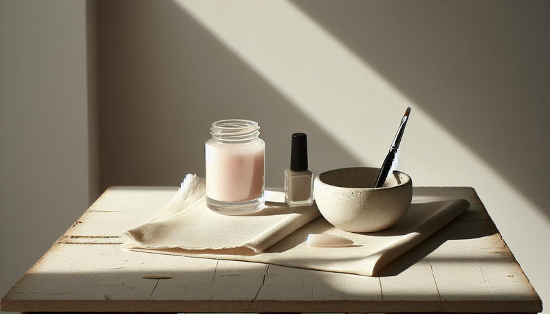 Minimalistisches Close-up von Nagel-Gelproben in rosa und weiß auf hellem Birkenholz mit Glasdöschen, feinem Nailart-Pinsel, beigem Leinen und zarten Blütenblättern.