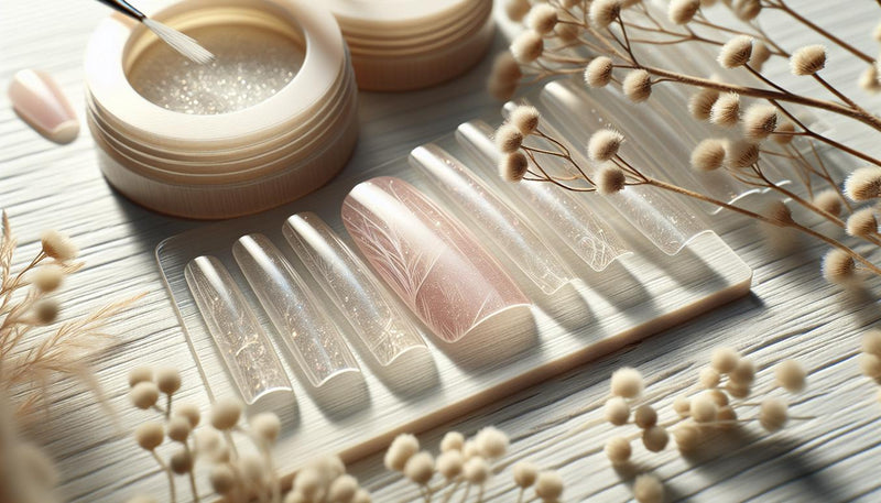 Mehrere transparente Nail‑Swatches mit sichtbaren, gesunden rosafarbenen Nägel auf hellem Birkholz, dezente rosa Akzente und offenes Glastiegel mit UV‑Gel.