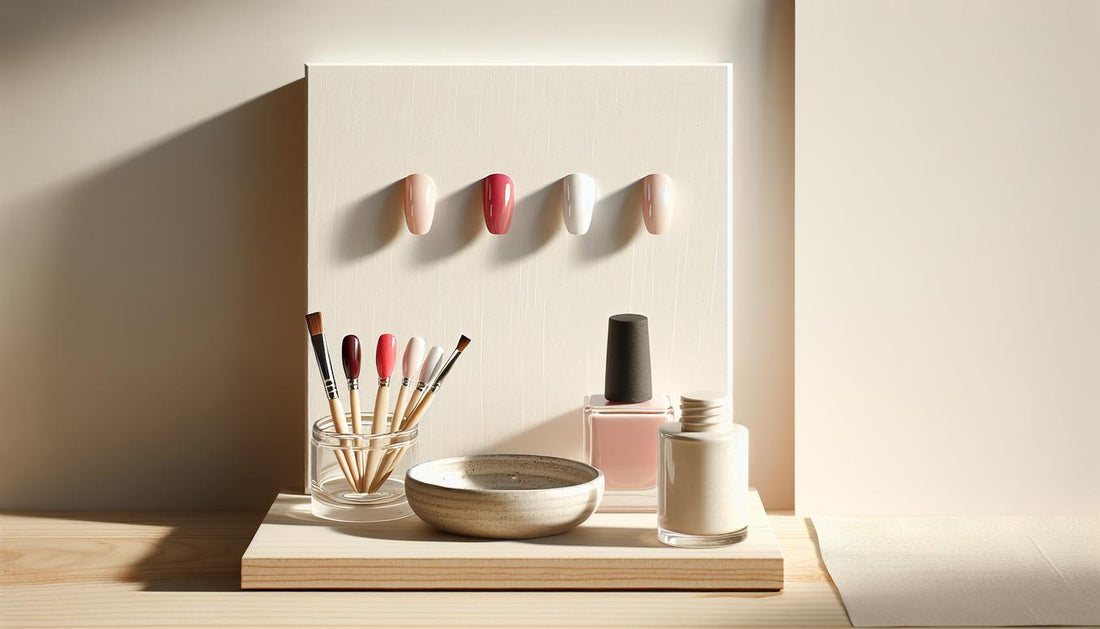 Drei Nagelproben (glänzendes klares Rot, mattes Bordeaux, glänzende Koralle) auf heller Keramikschale mit Birkenholz und Leinen, dezente Blüten — rote fingernägel bedeutung