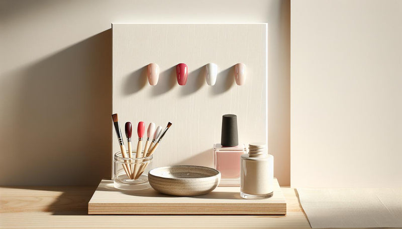 Drei Nagelproben (glänzendes klares Rot, mattes Bordeaux, glänzende Koralle) auf heller Keramikschale mit Birkenholz und Leinen, dezente Blüten — rote fingernägel bedeutung