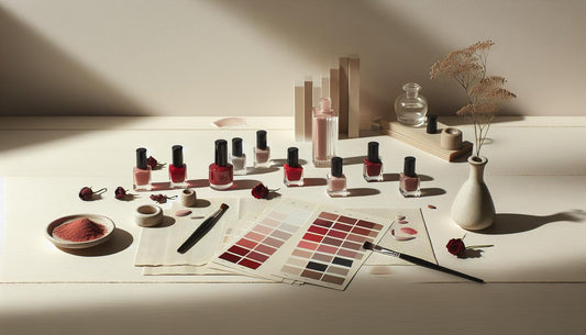 Minimalistisches Flatlay mit Nagellack-Fläschchen in Rotnuancen, Farbmuster-Swatches und Hautfarb-Karten auf hellem Birkenholz – natürliche Beleuchtung, sanfte Schatten, rote fingernägel
