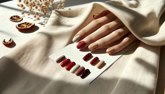 Nahaufnahme von Kunstnägeln auf beigem Leinen: rote Fingernägel in Tomato, Berry und Brick, glänzende Oberflächen, dezente Keramikschale und Nailart-Pinsel im Tageslicht.