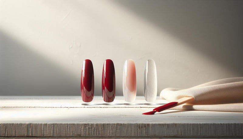 Vier ästhetisch arrangierte Nagel-Tips in verschiedenen Rottönen auf hellem Birkenholz: rote fingernägel, warmes Oxblood, kühles Kirschrot und transluzentes Sheer-Red.