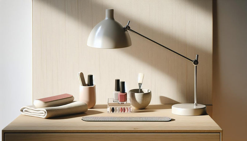 Nahaufnahme einer minimalistischen Maniküre-Arbeitsfläche mit LED-Lampe, Fläschchen rotem Gellack, Nagelfeile, Farbkarten und sauberem Leinentuch; rote gelnägel-Akzent