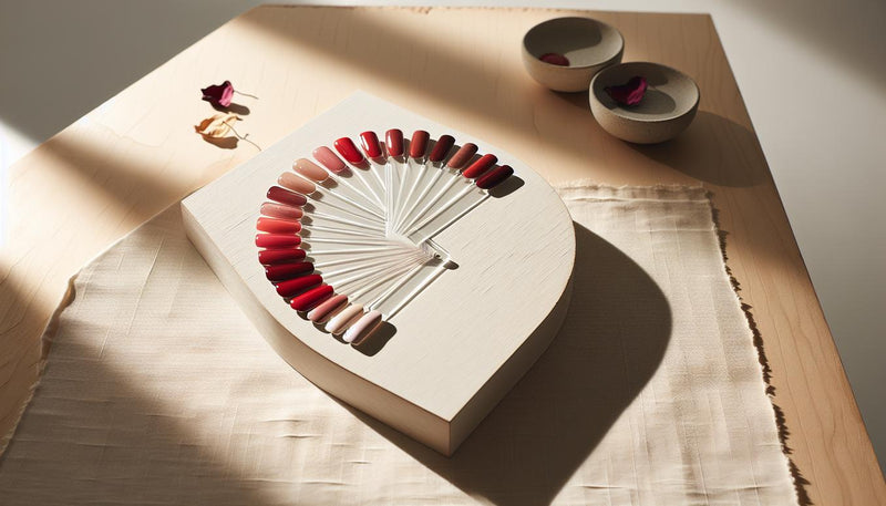 Nahaufnahme von Nagelproben mit verschiedenen roten Gelnägel‑Finishes (glänzend, jelly‑transparent, matt) auf hellem Holz, mit Nagelhautöl und Feile im Hintergrund.