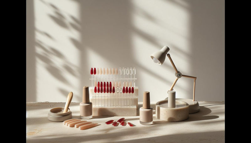 Minimalistisches Stillleben mit roten gelnägel Display‑Tips, offenem Base‑Gel, Top Coat, kleiner LED‑Lampe und Fläschchen Cutan‑Öl auf hellem Naturstein, dezente Blüten
