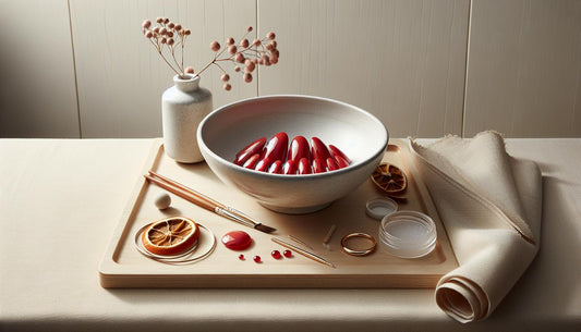 Glänzende Tomatenrote Nägel (künstliches Set) auf weißer Keramikschale auf hellem Holz, filigraner Ring, Camel-Leinen, getrocknete Zesten und dezente rosa (#e684b4) Akzente.