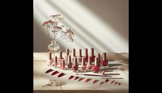 Minimalistische Nahaufnahme von arrangierten Press‑On‑Nägeln in verschiedenen Rotnuancen und Finishes (glänzend, matt, jelly) auf hellem Holz mit Cuticle‑Oil und unscharfer UV‑Lampe – rote Nägel