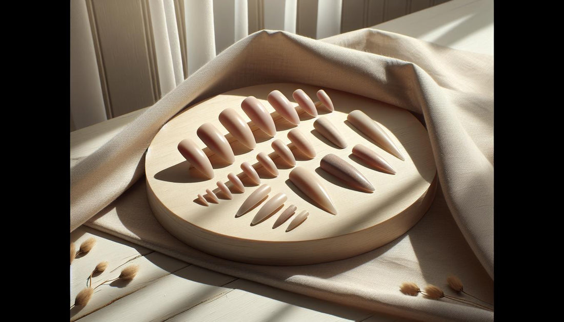 Zwei Nagel-Tip-Sets auf hellem Leinen: sargnägel und ballerinanägel nebeneinander, dezente rosa Akzente, getrocknete Blüten, minimalistisches Arrangement