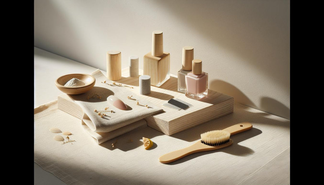 Nahaufnahme von Nagelpflege-Werkzeugen und einem einzelnen Muster-Nagelteil mit rosa Akzent auf hellem Holz, minimalistisch und hell – Schellack-Nägel Kosten