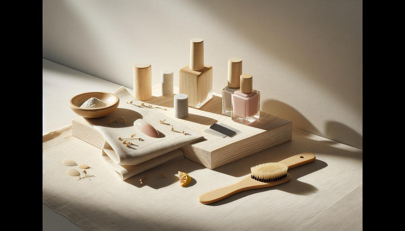 Nahaufnahme von Nagelpflege-Werkzeugen und einem einzelnen Muster-Nagelteil mit rosa Akzent auf hellem Holz, minimalistisch und hell – Schellack-Nägel Kosten