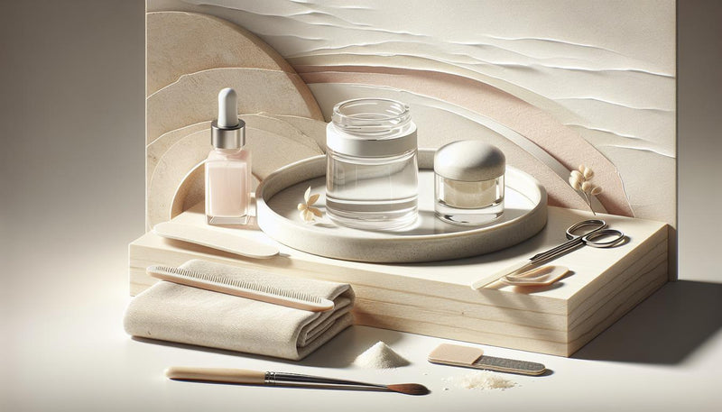 Minimalistisches Stillleben mit geöffneter Pflegedose Nagelöl, Glassnagelfeile, Leinentuch und kompakter UV/LED‑Lampe auf hellem Birkenholz – Fokus auf Schellack Nägelschäden