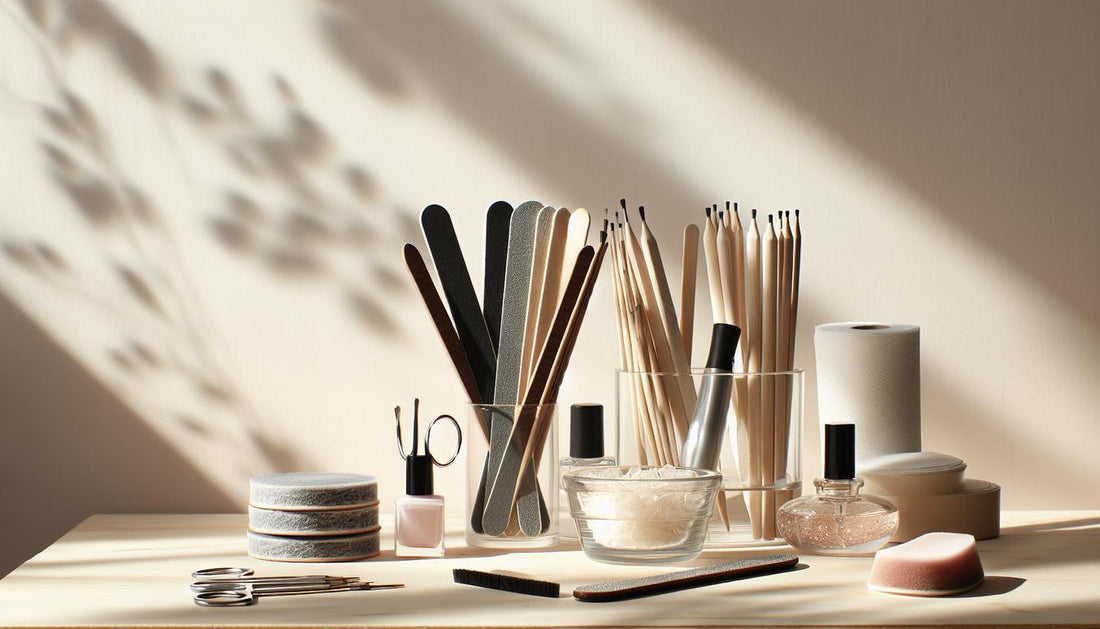 Nahaufnahme einer minimalistischen Nagelarbeitsfläche mit Feilen, Buffer, Rosenholzstäbchen, Baumwollpads, Aluminiumfolie, Glas‑Schale und kleinem Nagelöl — schonende kunstnägel entfernung.