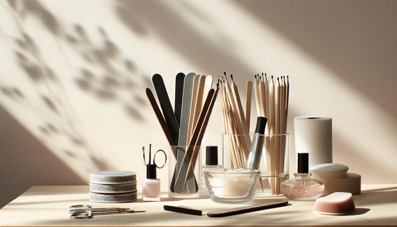 Nahaufnahme einer minimalistischen Nagelarbeitsfläche mit Feilen, Buffer, Rosenholzstäbchen, Baumwollpads, Aluminiumfolie, Glas‑Schale und kleinem Nagelöl — schonende kunstnägel entfernung.