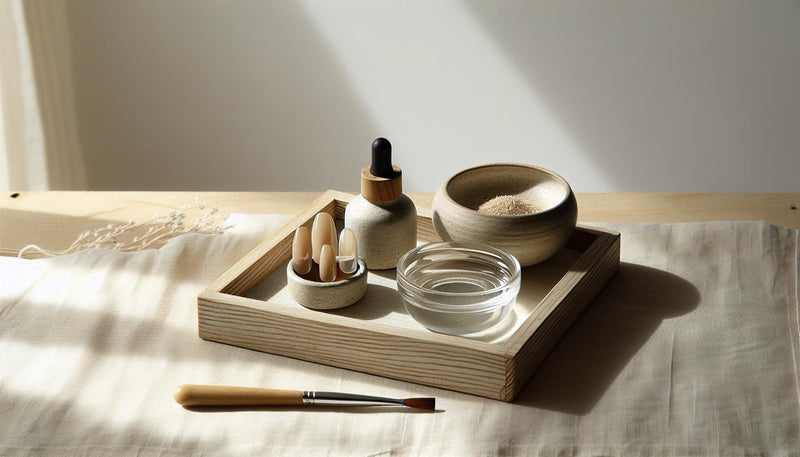 Minimalistisches Stillleben mit offenem Nagelöl, glänzenden Naturnagel-Proben auf Keramiktablett und rosa Akzent – schonende Nagelpflege.