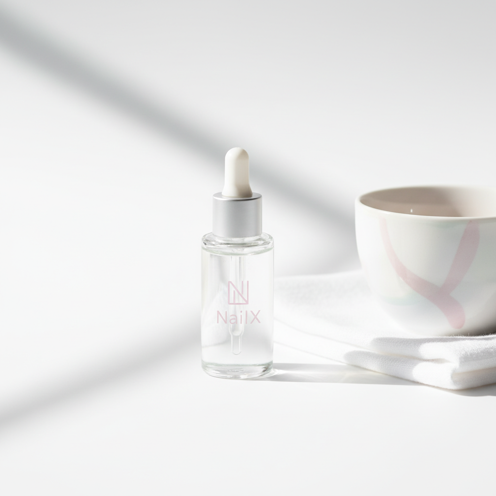 Minimalistische Nahaufnahme eines weißen Tisches mit Nagelhautöl, Baumwolltuch und geöffneter Teetasse in sanftem Morgenlicht; ideales Motiv für Artikel zu schwache Nägel.