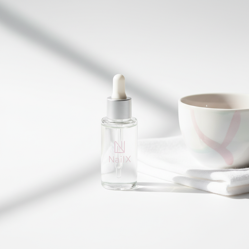Minimalistische Nahaufnahme eines weißen Tisches mit Nagelhautöl, Baumwolltuch und geöffneter Teetasse in sanftem Morgenlicht; ideales Motiv für Artikel zu schwache Nägel.